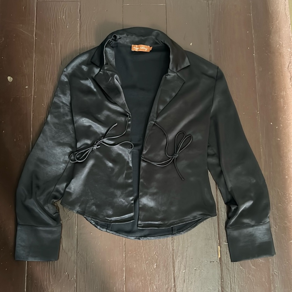 Black satin front tie top